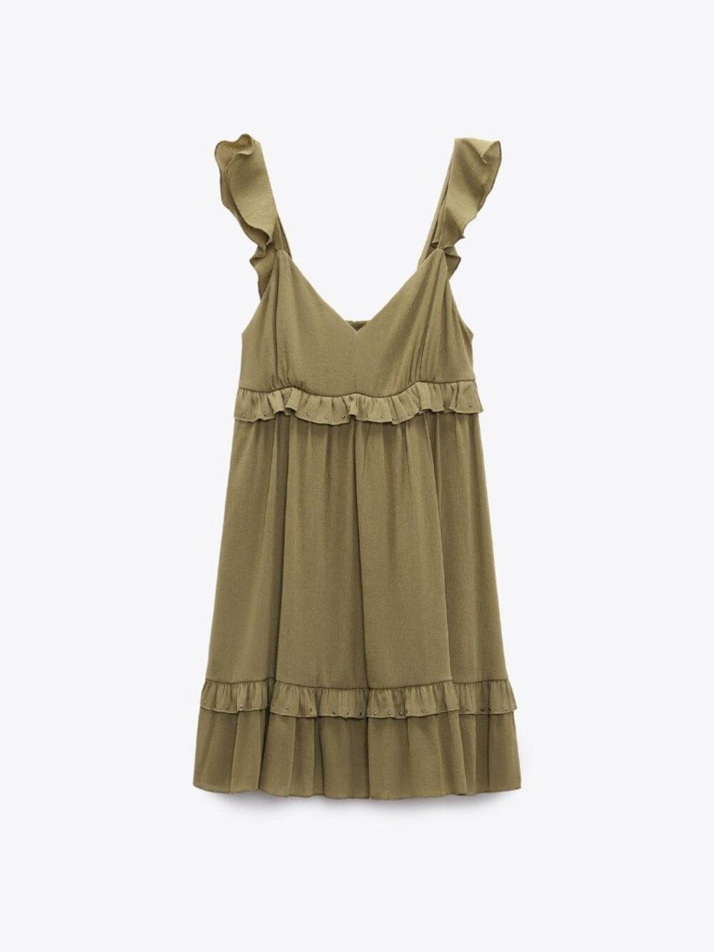 Zara Studded Mini Dress with Ruffles - Khaki Green